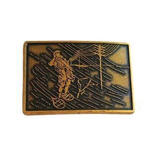 Vintage Lineman Belt Buckle 3"x2" Man in Snow Storm Electric Power Made in USA